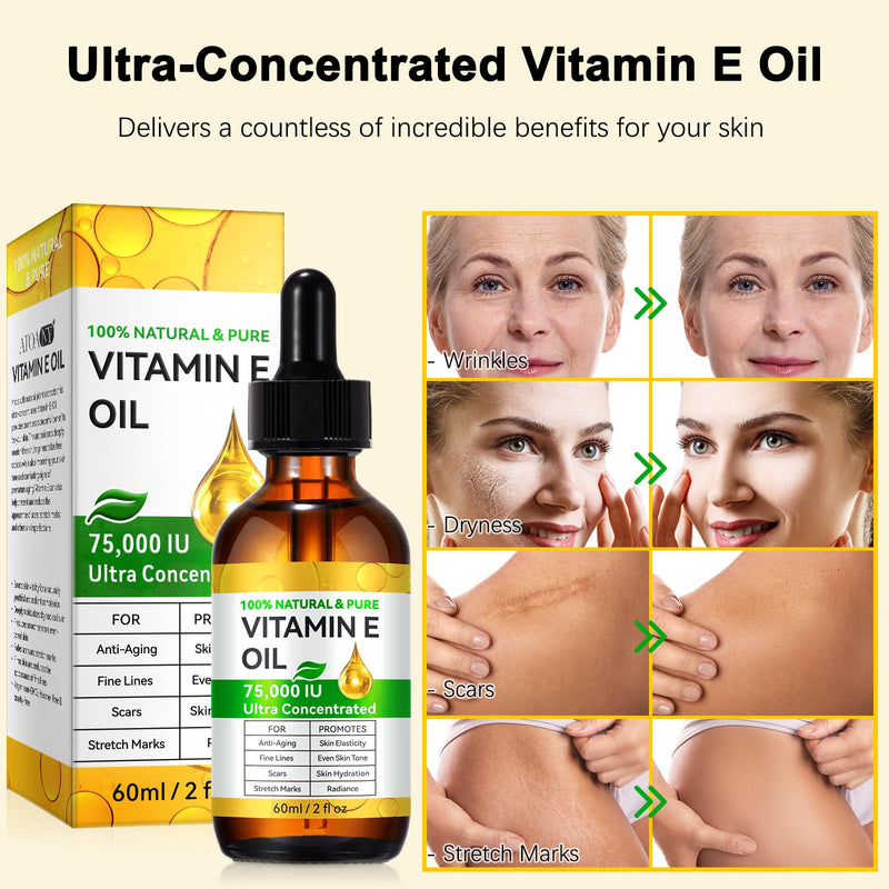 Vitamin E Oil, (2pcs) 100% Pure & Natural Oil for Skin, Face, Hair & Nails, Body Bath for Moisturizing Dry Skin, Non-GMO & Vegan 2 Fl Oz (Pack of 2)