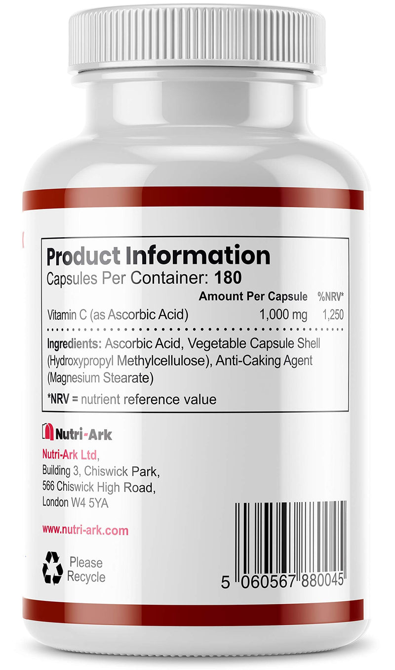 Vitamin C 1000mg | 180 Capsules (6 Month Supply) | High Strength Ascorbic Acid | Vegan & Vegetarian Friendly | Manufactured in the UK