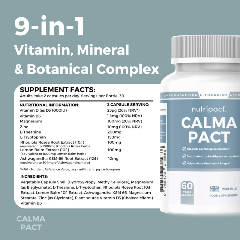 Calm & Sleep Support Capsules – Magnesium Glycinate, Ashwagandha KSM-66, L-Theanine & Lemon Balm for Relaxation, Stress Relief & Night-Time Unwind – 60 Capsules – Calma Pact