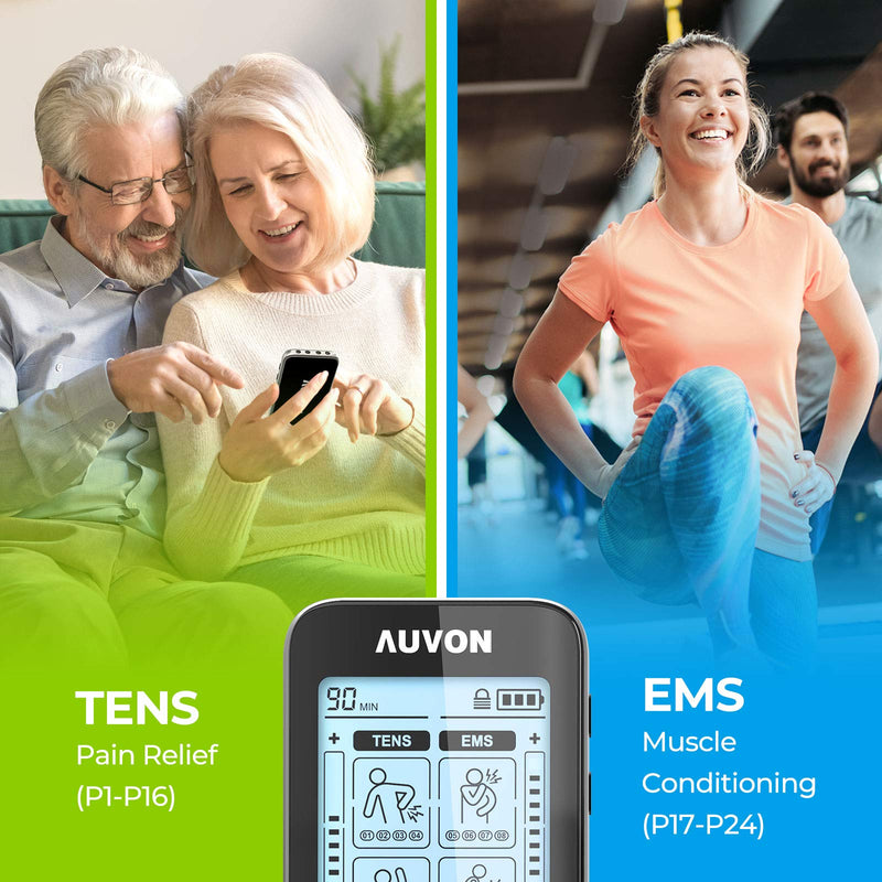 AUVON 4 Outputs TENS Unit Muscle Stimulator for Pain Relief, Large LCD | 24 Modes TENS Machine, Drug-Free Pain Relief Therapy for Shoulders, Lower Back & Muscles, 10 Pcs 2" and 2"x4" TENS Pads