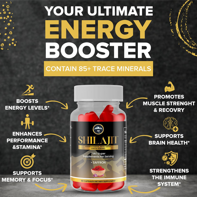 Ultimate Vitality Supplement Shilajit Capsules - Ashwagandha, Musli Safed, Gokhru, Saffron & More - Energy Stamina Stress Relief - 100% Natural Ayurvedic Formula - 60 Capsules