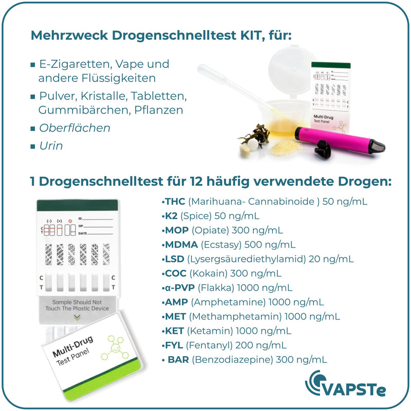 [Australia] - VAPSTE 12 in 1 drug test KIT for liquids, surfaces, urine, substances | Rapid drug test dip cards | Cocaine Cannabis THC Ecstasy LSD VAPE 