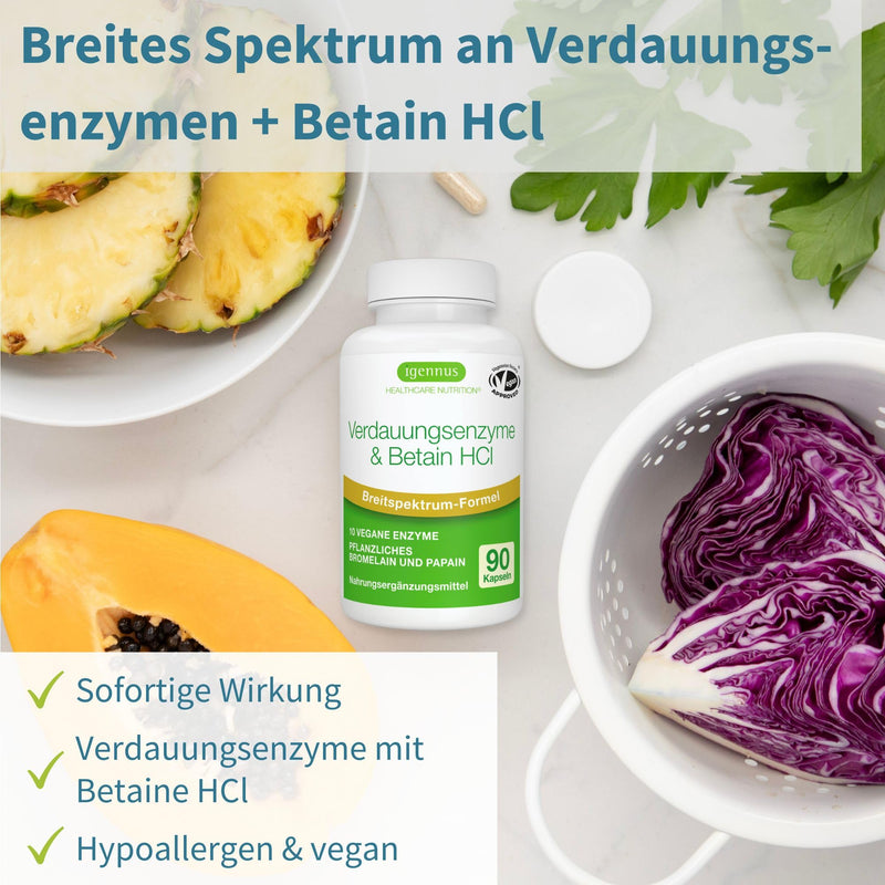 [Australia] - Digestive enzyme complex with betaine HCl & bromelain, 10 vegan enzymes with papain & lipase, comprehensive digestive aid, hypoallergenic, 90 capsules, from Igennus 
