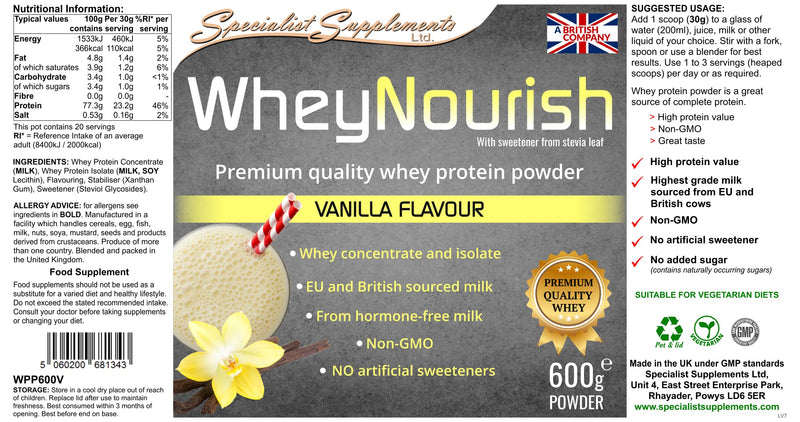 WheyNourish Vanilla Flavour Whey Protein Powder 600g
