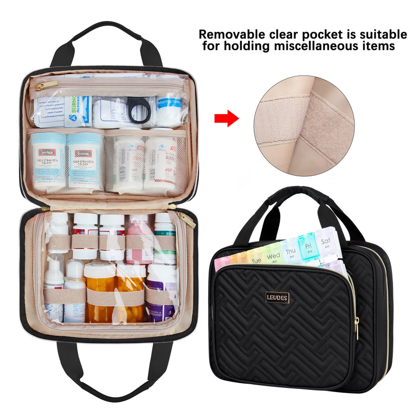 Leudes Travel Pill Bottle Organizer,Medicine Organizer and Storage,Home Medication Bag, Cases,Carrier for Pills,Vitamin,Fish Oil,Supplements for Women and Men (Medium, Black) | Portable Pill Travel Case with PVC Pocket for Vitamin,Fish Oil Empty Medica...