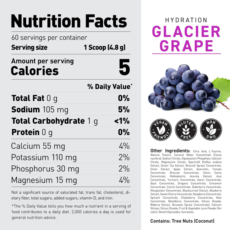 [Australia] - Kaged Hydration Electrolytes Powder | Glacier Grape | Hydra-Charge Sports Drink Mix | Pre, Post, Intra Workout | Low Carb, Vegan, Gluten Free | Supplements for Men & Women | 60 Servings 