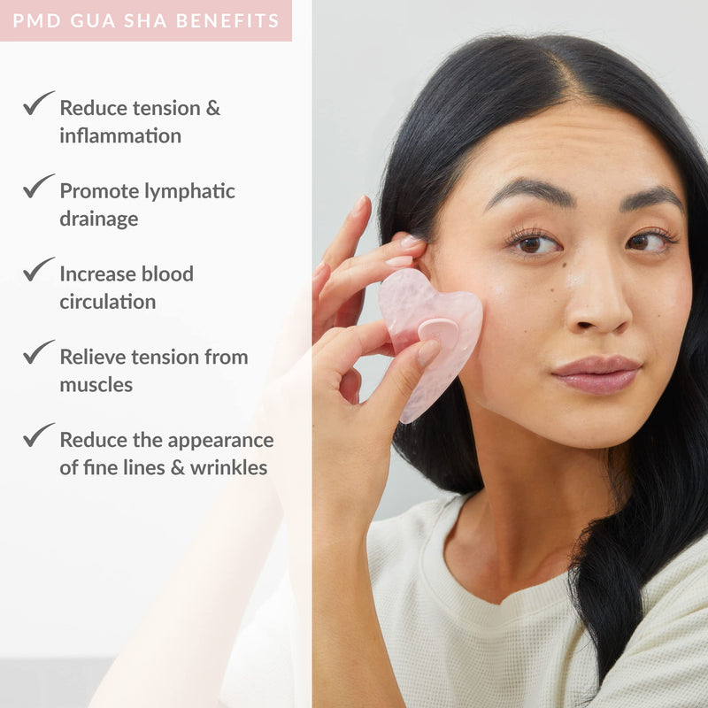 PMD Beauty Gua Sha Facial Tools - Massaging, Sculpting and Depuffing Guasha Tool for Face with Rose Quartz and Silicone Grip - Reduce Tension & Inflammation