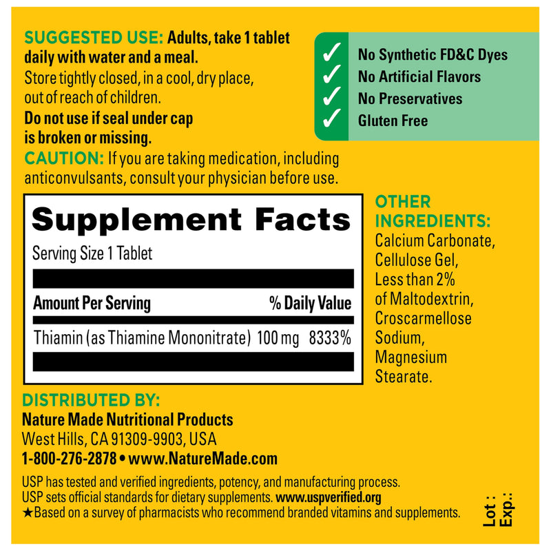 Nature Made Vitamin B1 100mg Tablets, 100 Tablets | Thiamine B1 Supplement for Energy Metabolism Support, Helps Support a Healthy Brain and Nervous System, 100 Day Supply Unflavored 100 Count (Pack of 1)