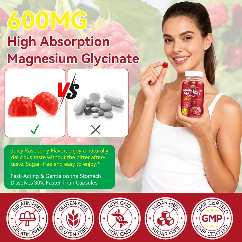Magnesium Glycinate Gummies, 600mg High Absorption Magnesium Supplement, Sleep Support, Relaxation & Muscle Function, Sugar Free, Gluten-Free, Raspberry Flavor 120 Count