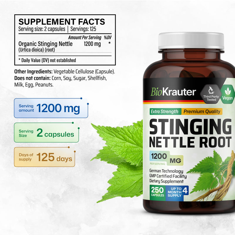 [Australia] - BIO KRAUTER Stinging Nettle Capsules 1200 mg - 250 Natural Urinary Tract & Overall Support Caps - Nettle Root Powder (Urtica Dioica) - Non GMO 250 Count (Pack of 1) 
