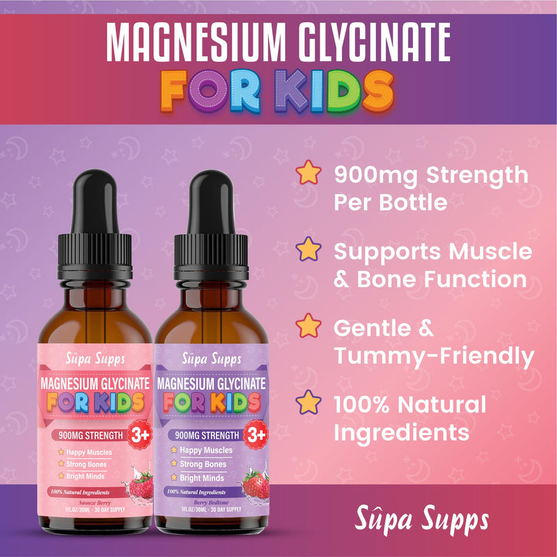 Kids Magnesium Glycinate 60ml - Berry Bedtime | Supa Supps Liquid Magnesium Glycinate 3-in-1 Drops Support Relaxation, Calm, Balanced Energy, Focus & Growth | Easy Daily Supplement 2 Months Supply