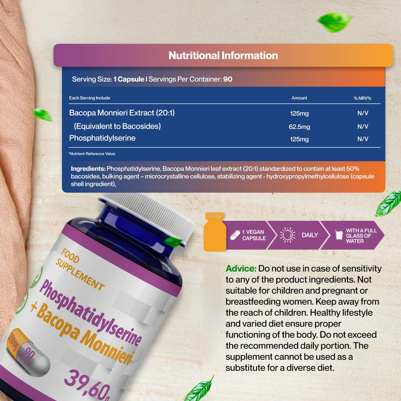 Hepatica Phosphatidylserine + Bacopa Monnieri | 125mg PS | Bacopa 20:1 Extract Standardised to 50% Bacosides (62.5mg) | 90 Vegan Capsules | 3-Month Supply | GMP & 3rd Party Lab Tested