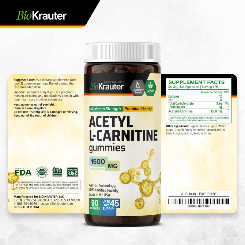 [Australia] - Acetyl L Carnitine Gummies - Vegan L-Carnitine Supplement for Energy Support - Amino Acid Acetyl L- Carnitine 1500 mg - Organic, Pectin-Based, Non-GMO 