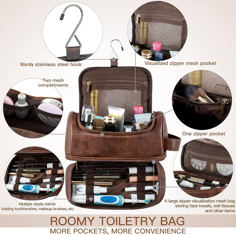 Elviros Travel Toiletry Bag Mens Leather Travel Organizer Kit with hanging hook Water-resistant Toiletries Bathroom Shaving Bags for Women