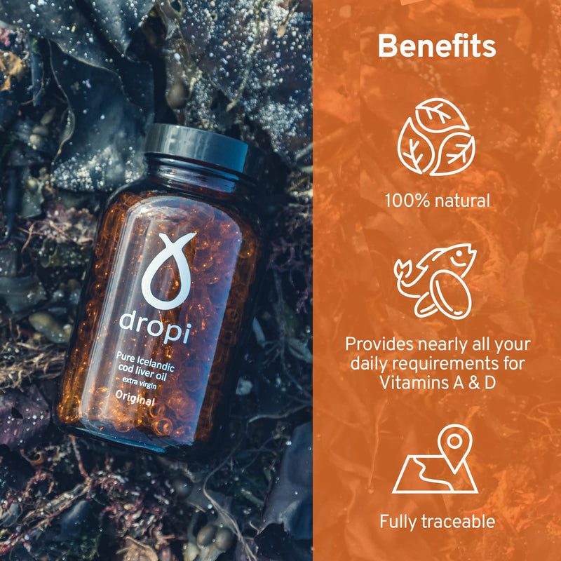 Dropi Icelandic Fish Oil - Extra Virgin Cod Liver Oil (EVCLO) - Natural Source of Vitamin A & D3 - Cold-Processed, Traceable & Pure from the Westfjords Pristine Atlantic Fishing Grounds (60 x 500mg) Unflavoured 60 count (Pack of 1)
