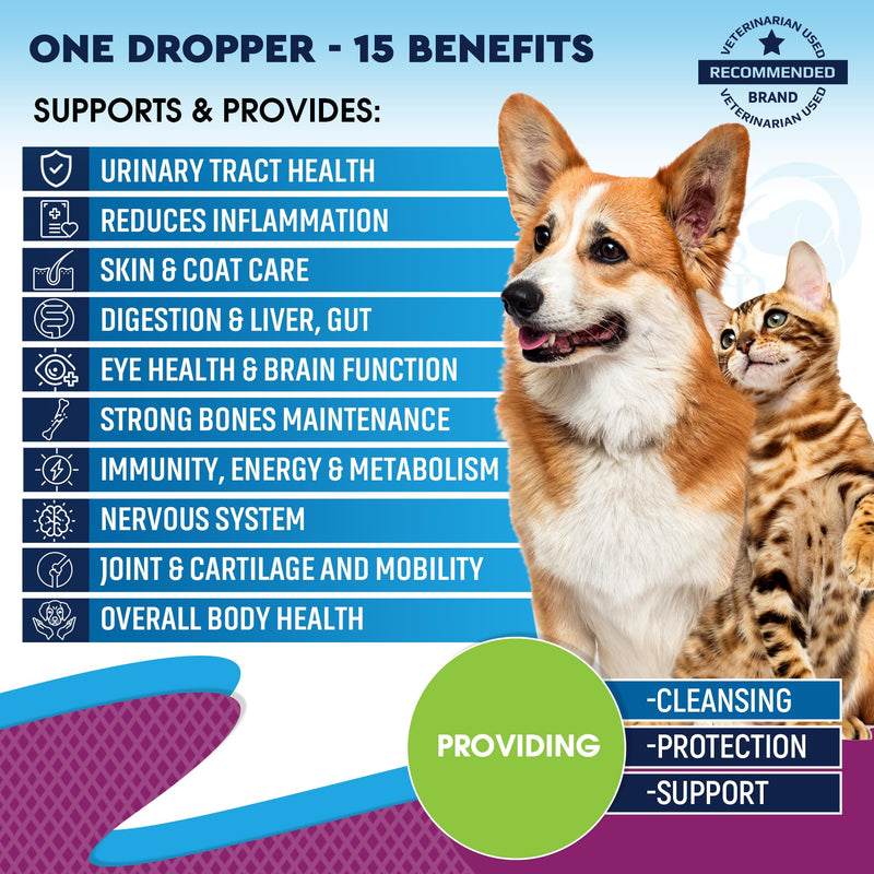 Cat & Dog Multivitamin Liquid with Glucosamine & Cranberry | 15 in 1 Health Supplements for Urinary Tract Kidney, Bladder, Hip & Joint, Skin & Coat | Natural UTI Medicine Made in USA (60 ml) 60 ml - PawsPlanet Australia