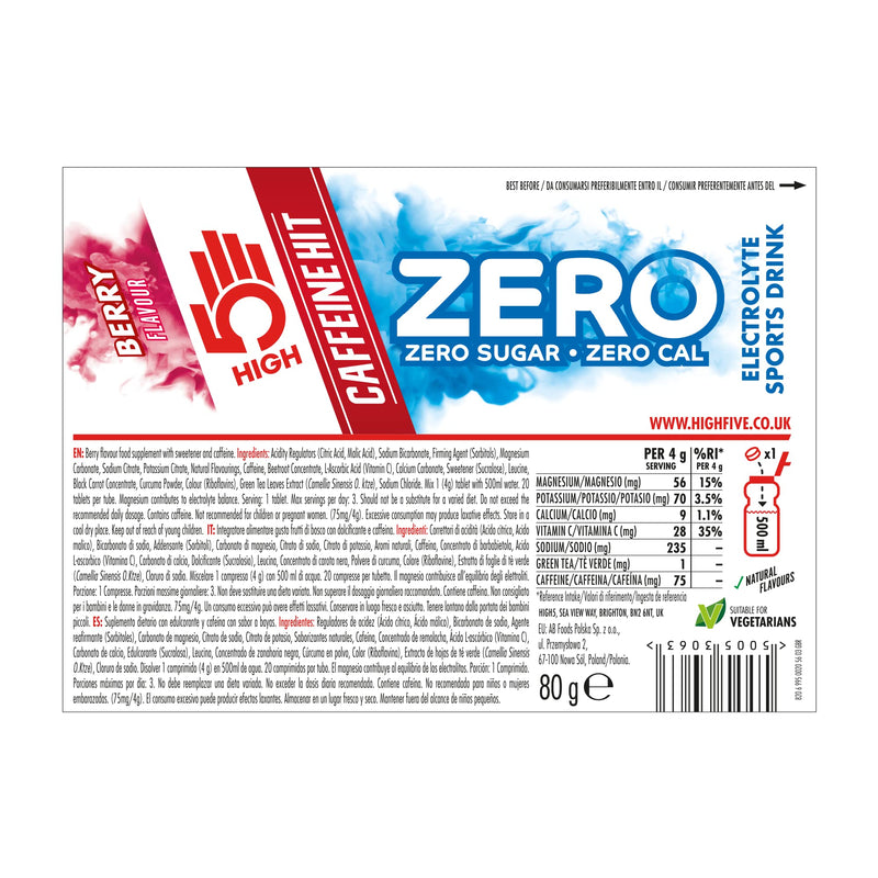 HIGH5 ZERO Caffeine Hit ElectrolyteTablet - Hydration Tablets Enhanced with Vitamin C - 0 Calories & Sugar Free - Boost Hydration, Performance & Wellness - Berry, 160 Tablets (20x, Pack of 8) 20 Count (Pack of 8)