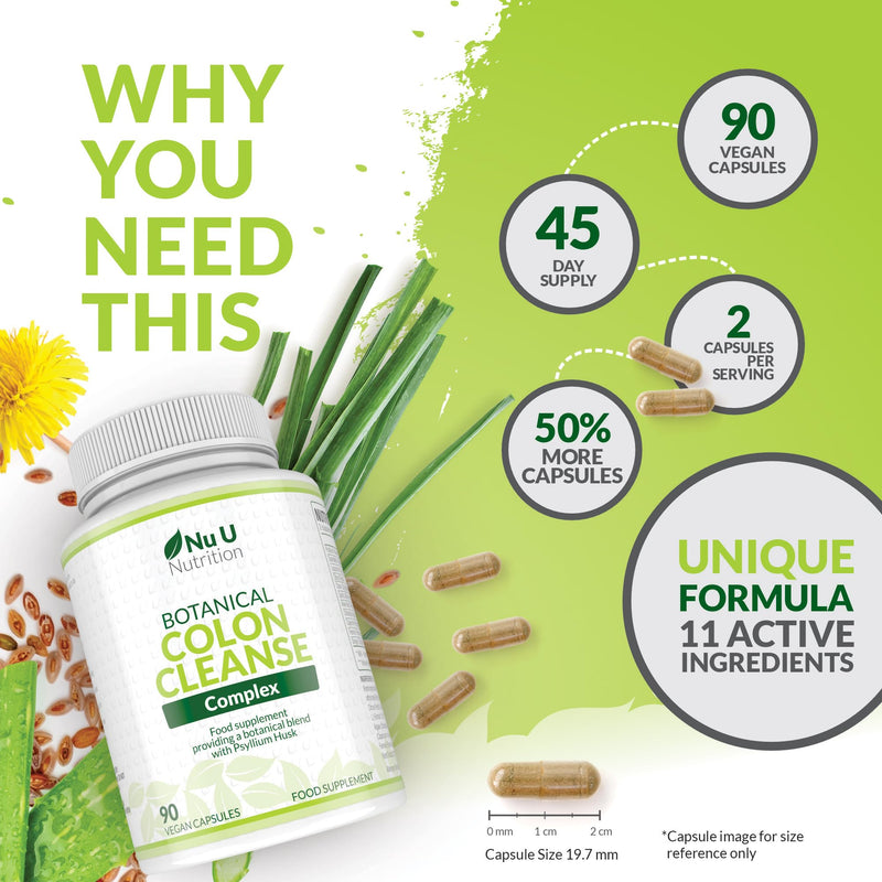 Colon Cleanse Detox Complex - 90 Vegan Capsules - 11 Prebiotic, Fibre & Herbal Ingredients - Psyllium Husk, Aloe, Dandelion & More - Made in the UK - Nu U Nutrition