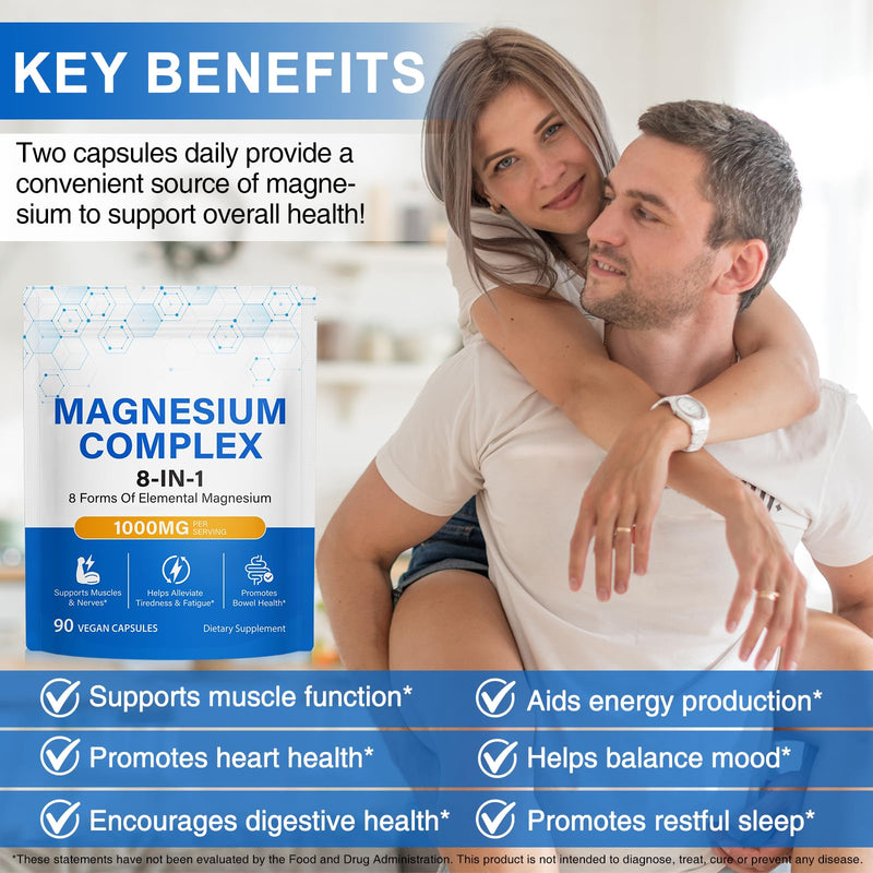 Magnesium Complex Supplement 90 Count, 8-in-1 Magnesium Complex Capsules, Easy Absorption for Sleep, Muscle Relaxation, Nerve & Heart Health, Energy, Non-GMO, Vegan