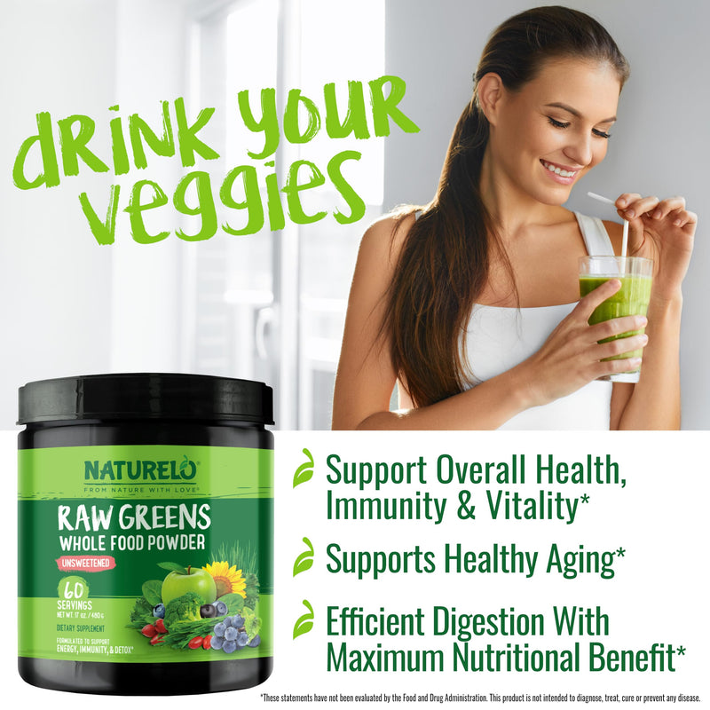 [Australia] - NATURELO Raw Greens Superfood Powder - Unsweetened - Boost Energy, Detox, Enhance Health - Organic Spirulina - Wheat Grass - Whole Food Nutrition from Fruits & Vegetables - 480 Grams 60 Servings (Pack of 1) 