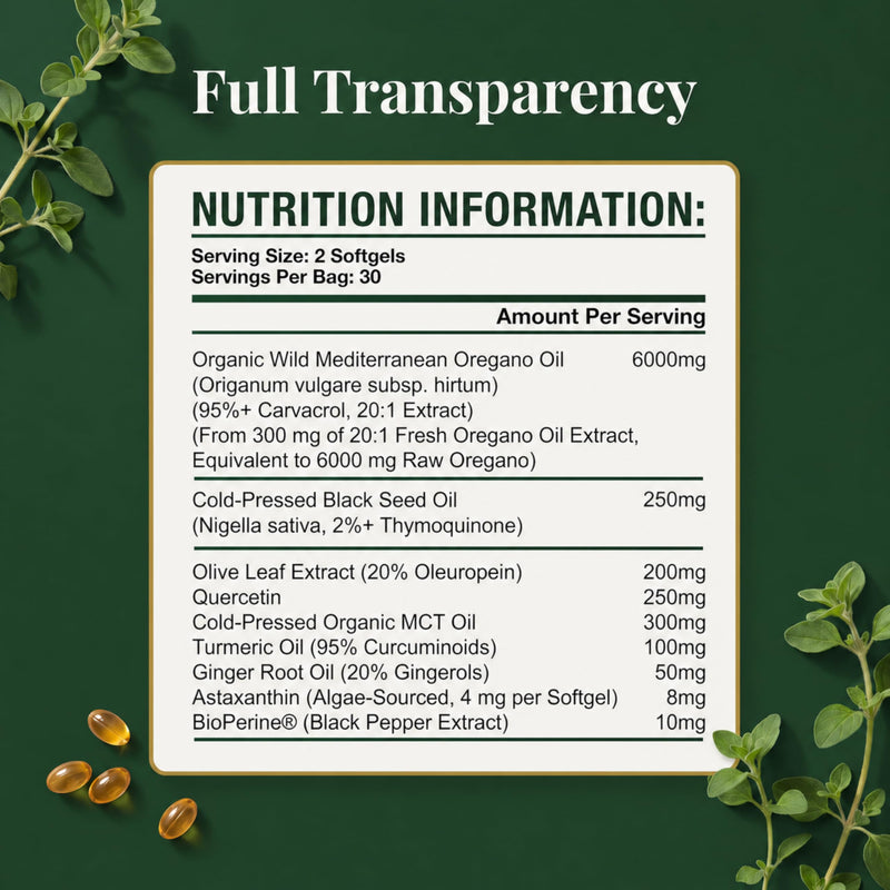 PURETREX Wild Oregano Oil 60 Softgels – Made in UK 6000mg with 95% Carvacrol, Black Seed Oil, Turmeric & Ginger, High Potency Herbal Formula for Immune, Gut & Respiratory Support