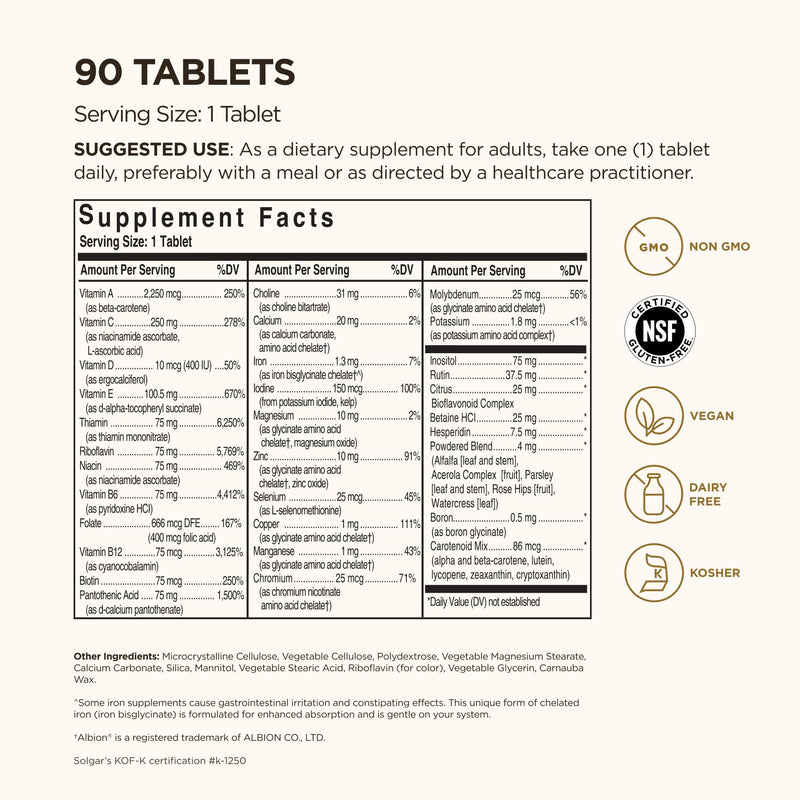 Solgar Formula VM-75, 90 Tablets - Vitamin A, B6, B12, C, D, E, Vegan | Multivitamin with Chelated Minerals - Biotin, Magnesium, Calcium, Iron, Zinc, Gluten Free, Dairy Free, Kosher - 90 Servings 90 Count (Pack of 1)