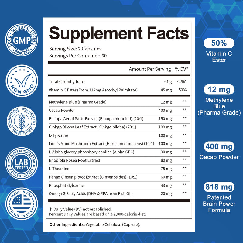 USP Methylene Blue Pharmaceutical Grade, Vitamin C Ester, Bacopa, Phosphatidylserine, Omega-3 Fatty Acids - 13 in 1 Upgrade Patented Brain Formula - Memory, Focus, Clarity, Cognitive, 120 Count 120 Count (Pack of 1)