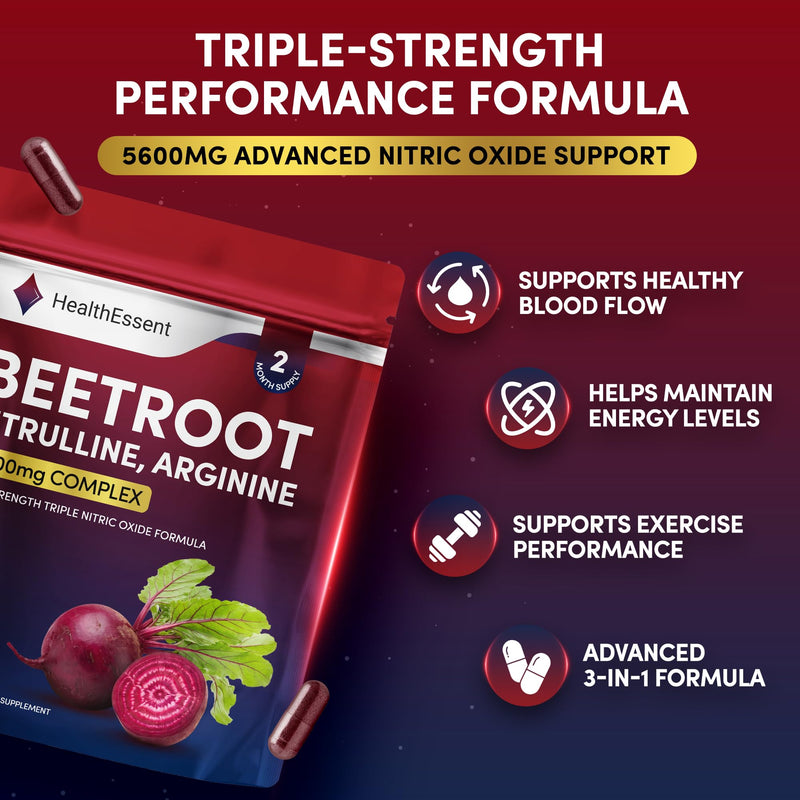 HealthEssent Beetroot Capsules 5600mg High Strength Nitric Oxide Booster | Triple Complex with 5000mg Beetroot, 400mg L-Citrulline, 150mg L-Arginine, Vitamin C & Black Pepper | 120 Vegan Capsules