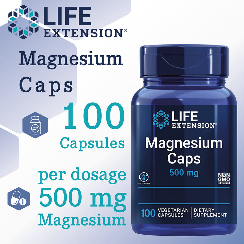 Life Extension, Magnesium Caps, 500mg, 100 Vegan Capsules, high-Strength Minerals Supplement, Gluten-Free, Vegetarian, SOYA-Free, Non-GMO, with Magnesiumcitrate 100 count (Pack of 1)