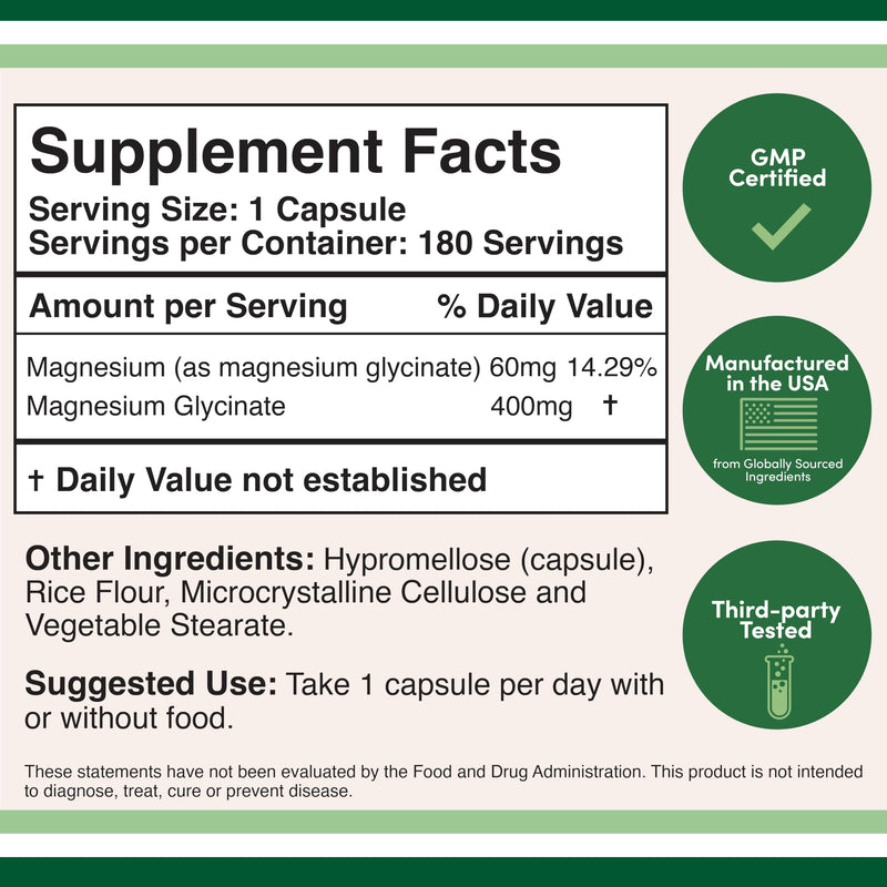 [Australia] - Magnesium Glycinate 400mg, 180 Capsules (Vegan Safe, Third Party Tested, Gluten Free, Non-GMO) High Absorption Magnesium by Double Wood Supplements 