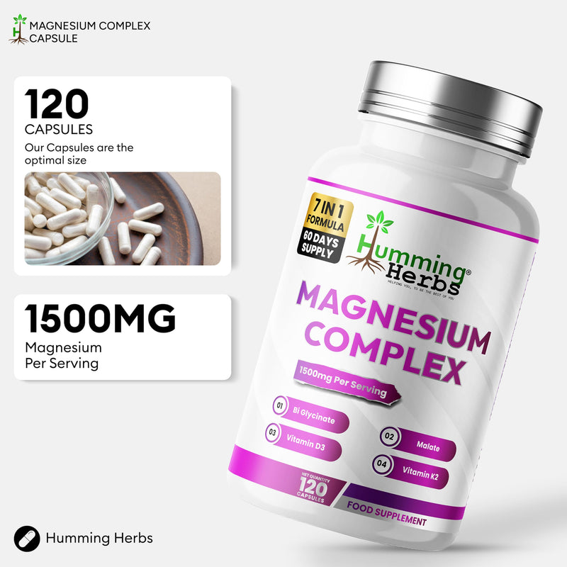 Humming Herbs Magnesium Bisglycinate & Magnesium Malate with Vitamin D3, K2 & Vitamin B6-300mg Elemental Magnesium -120 Capsules