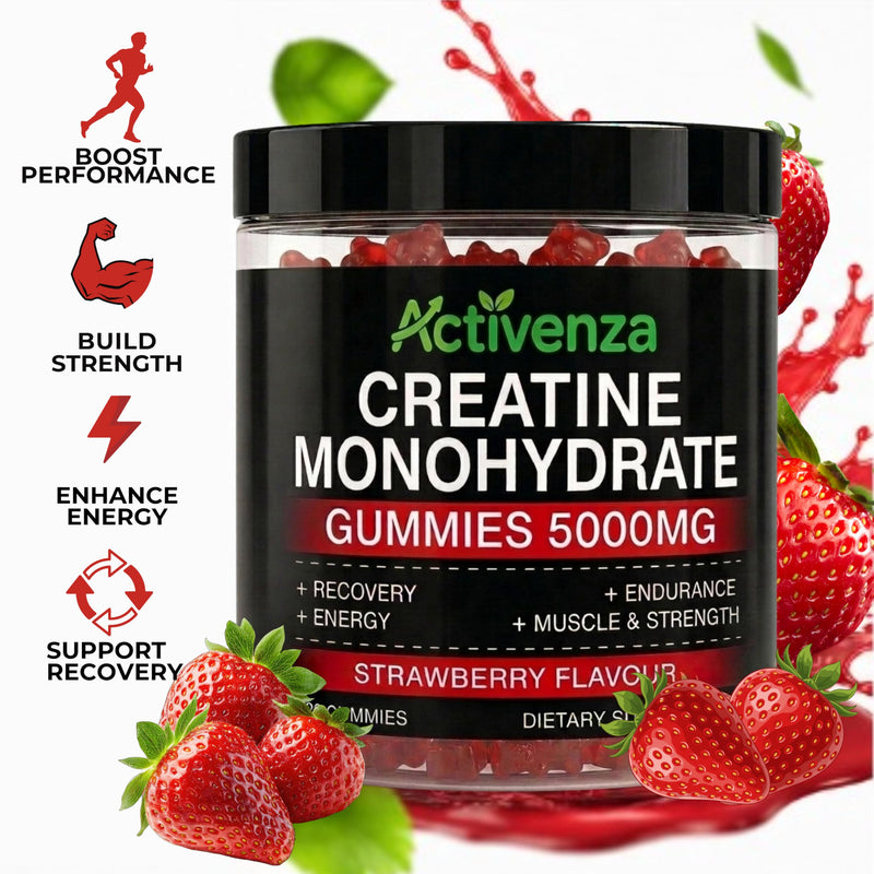 Sugar-Free Creatine Monohydrate 5000mg + L-Taurine Gummies, 120 Count, Strawberry Flavour, High-Strength Creatine Supplement for Workout & Gym Support for Men & Women
