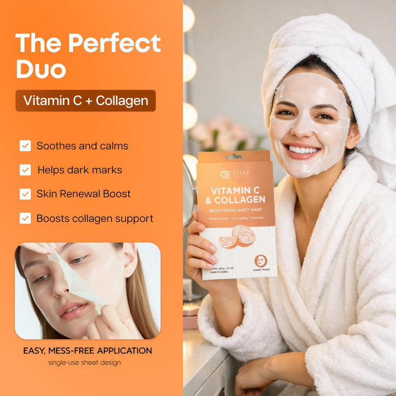 Clear Beauty Vitamin C & Collagen Face Mask – Hydrating & Firming Sheet Masks For Dry, Dull, Aging Skin – Dermatologist Tested, Anti-Aging, Korean Skin Care – Cruelty-Free Clean Beauty – 5 Count Vitamin C & Collagen (V2)