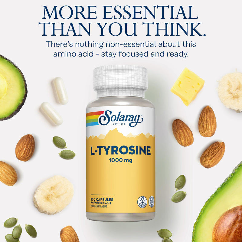 Solaray L-Tyrosine Free-Form Amino Acid Supplement 1000mg - 100 High Strength Capsules - 500mg L Tyrosine per Capsule - Lab Verified, Gluten Free 100 count (Pack of 1)