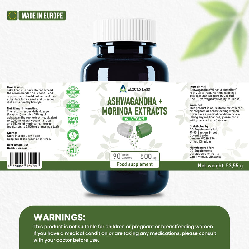 Ashwagandha & Moringa 7,500mg Equivalent | High Strength 20:1 & 10:1 Extracts | 500mg Daily | 90 Vegan Capsules | Calm, Energy & Everyday Wellbeing | GMP & 3rd Party Lab Tested