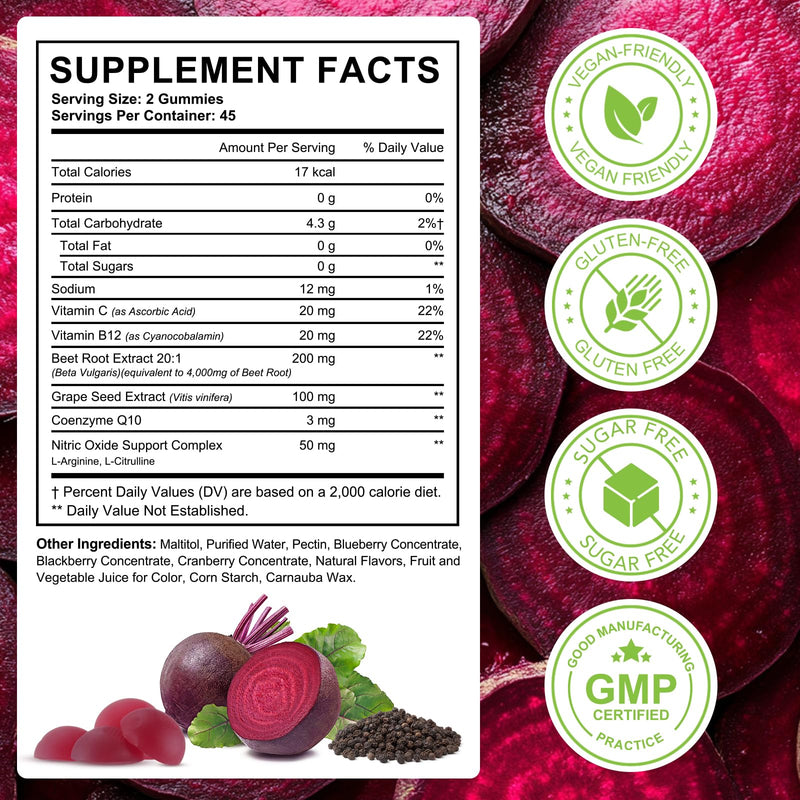 Beet Root Gummies, 90 Count Beetroot Gummies for Heart Health Support, Sugar Free, Extract Supplement with Vitamin C, B12, for Blood Pressure, Nitric Oxide Booster, Heart Health