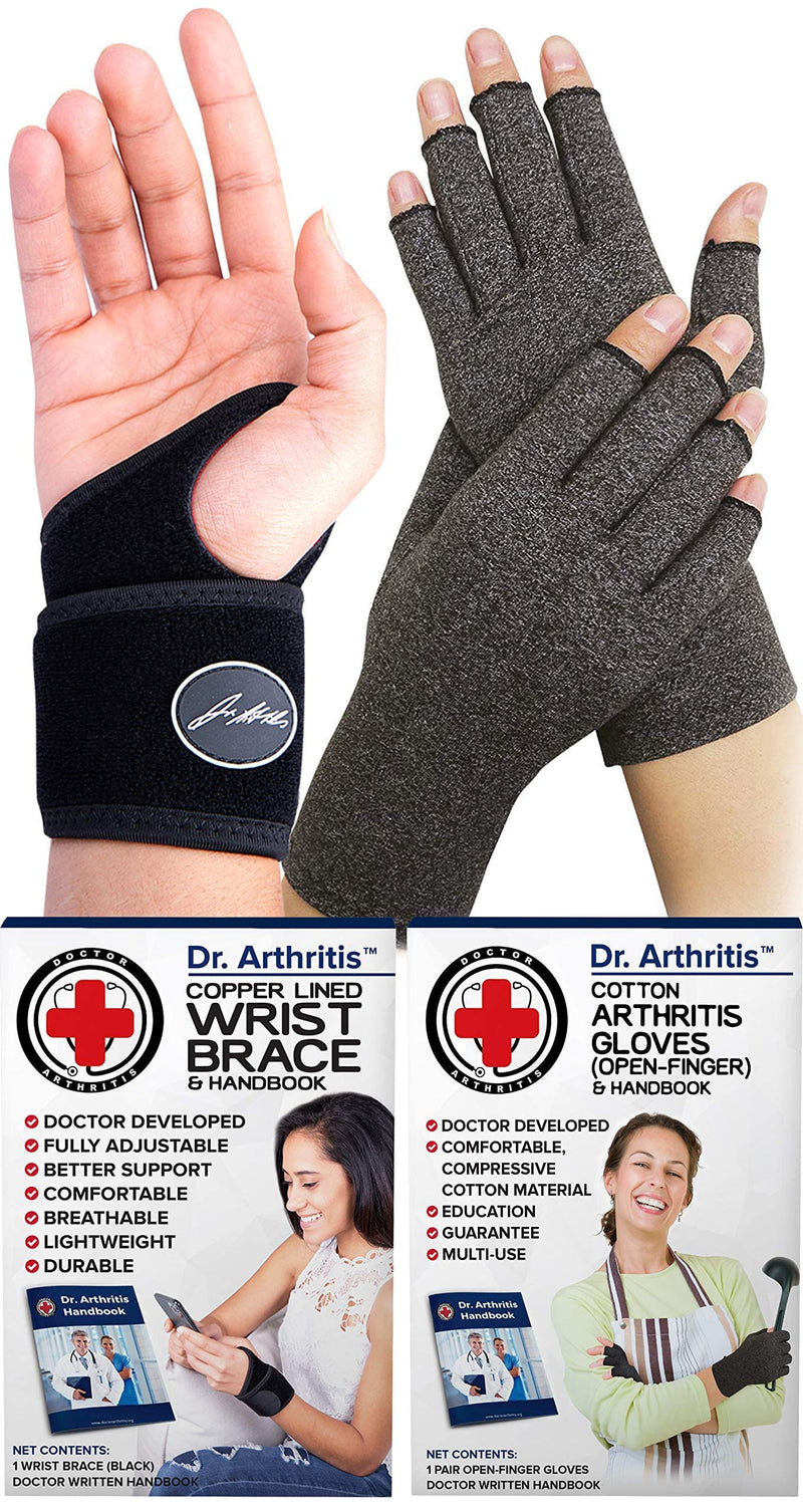 Dr. Arthritis Bundle: Copper Lined Wrist Support (Single) + Compression Gloves (L)