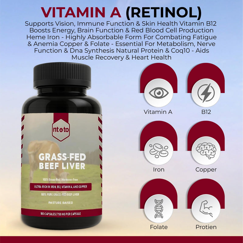 Grass Fed Beef Liver Capsules 180ct | Supports Energy, Health Detox & Immunity with Vitamin A, B12, Iron Liver & Metabolic | Liver Supplement for Gut, Skin & Brain Health | Non-GMO, Keto, Paleo
