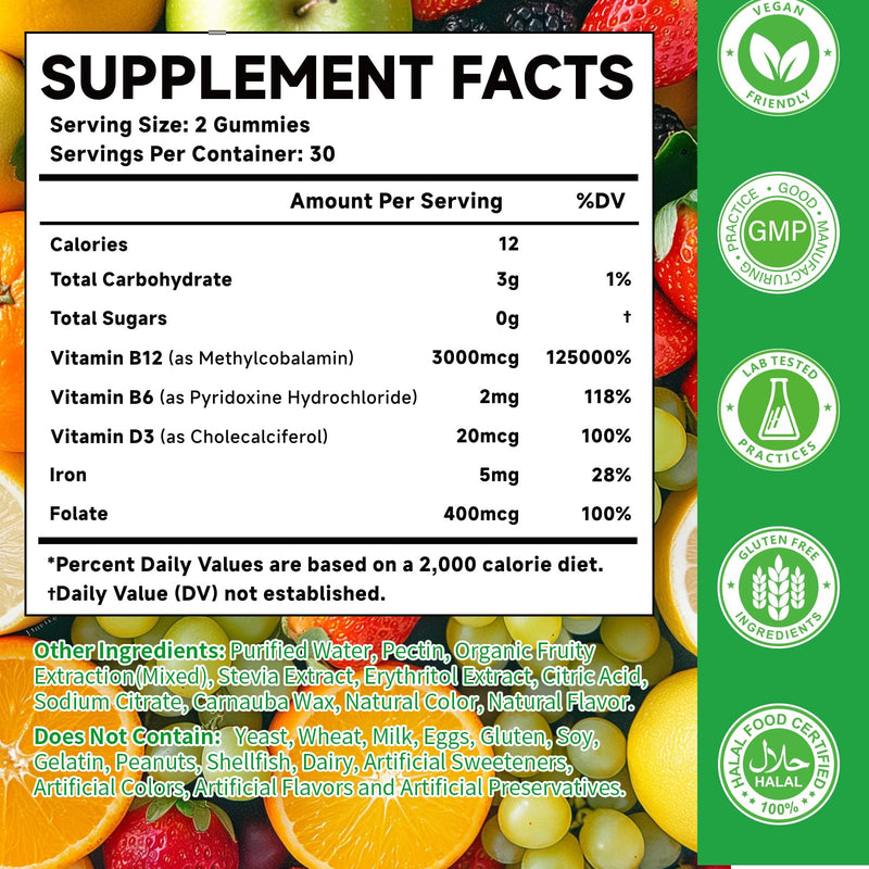 2 Pack Methyl B-12 3000mcg Gummies for Kids & Adults, Vitamin B12 (Methylcobalamin) with Vitamin B6, Folate & D3, Supports Energy, Metabolism & Immune Wellness, 120 Count