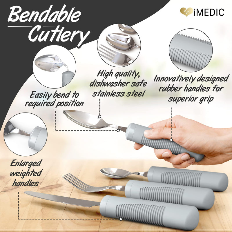 iMedic Weighted Bendable Cutlery for Disabled Hands (The Knife Does Not Bend) - Disabled Cutlery for Adults Suffering from Parkinson's and Tremors - 1 Set Grey