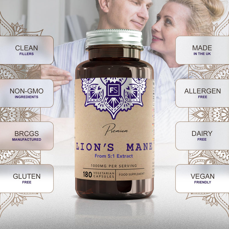 FS Lions Mane | High Strength Lion's Mane Supplement - 180 Lionsmane Capsules 1000mg per Serving | Lionsmane Mushroom Complex | Non-GMO, Gluten & Allergen Free | Made in The UK 180 count (Pack of 1)