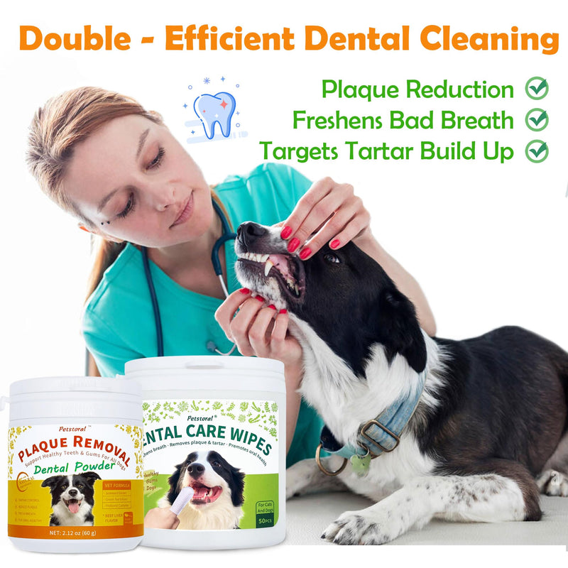 [Australia] - Dental Cleaning Kit, Dental Care Wipes to Clean Plaque on The Surface of The Teeth, Beef Liver Flavour Dental Powder with Probiotic to Solve Oral Problems from The Inside of Digestion Dental Kit（50 Ct） 