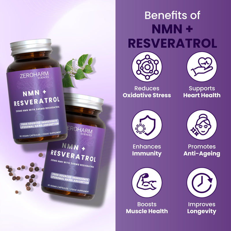 ZeroHarm NMN with Resveratrol – Liposomal Absorption – Powered by Real Food Ingredients – 60 Vegan Capsules