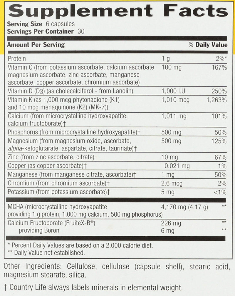 Country Life Bone Solid - Bone Health Supplement with Microcrystalline Hydroxyapatite (MCHA), Calcium, Magnesium, Zinc, Vitamins K2 & D3 for Enhanced Bone Strength & Metabolism - 180 Capsules 180 Count (Pack of 1)