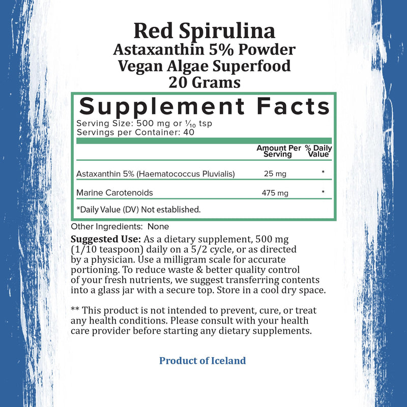 [Australia] - Organic Astaxanthin Powder | Powerful Natural Antioxidant Supplement for Smoothies and Capsules | Whole Haematococcus Pluvialis Algae Supplement (20 Grams) 