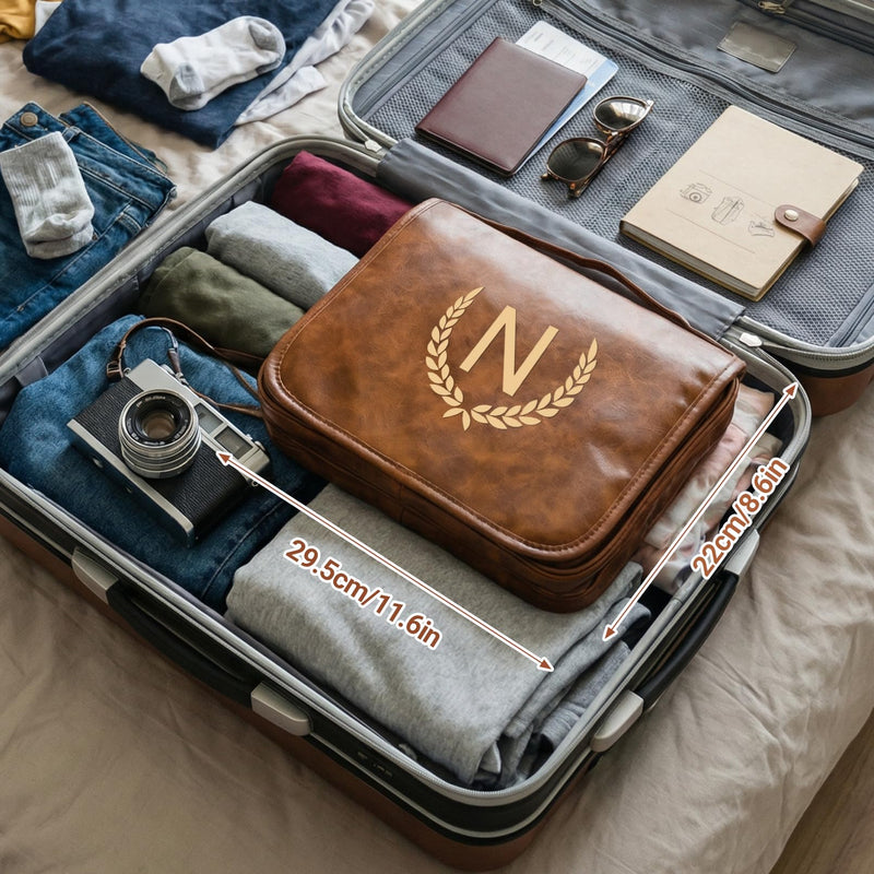 OXYEFEI Personalized Hanging Travel Toiletry Bag Gift for Men,Engraved Initial PU Leather Mens Large Toiletry Travel Essential Organizer Dopp Kit Shaving Bag for Him Birthday (M, Light Brown) M