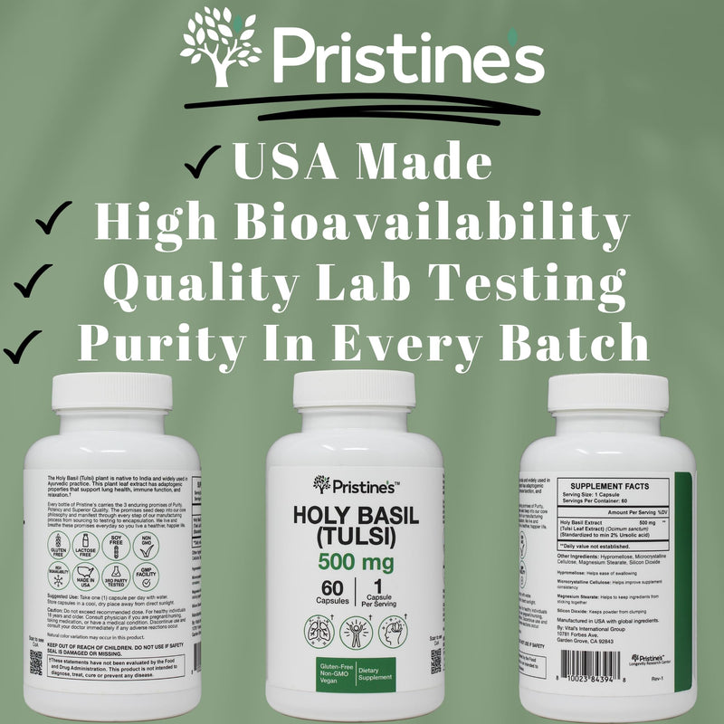 [Australia] - PRISTINE'S Holy Basil Capsules - 500 mg Gluten Free Immunity & Relaxation Support Adaptogen Supplement - 60 Day Supply - Tulsi Holy Basil Leaf Extract Capsules - Vegan - Non-GMO 1 