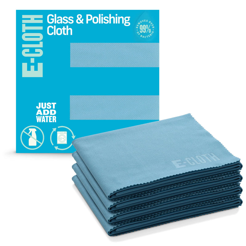 E-Cloth 4-Pack Glass & Polishing Cloth, Sustainable Microfiber Cleaning Cloth Set, Perfect Cleaner for Glass, Windows and Mirrors, Washable and Reusable, 100 Wash Promise, Alaskan Blue Alaskan Blue - 4 Pack New Version Solid