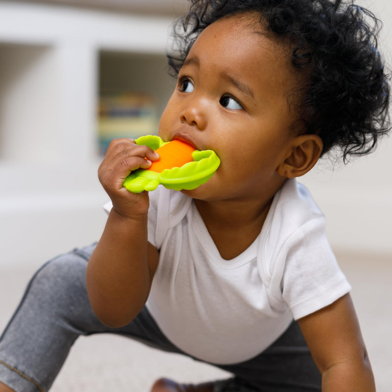 [Australia] - Infantino Lil' Nibbles Textured Silicone Baby Teether - Sensory Exploration and Teething Relief with Easy to Hold Handles, Orange Carrot, 0+ Months 