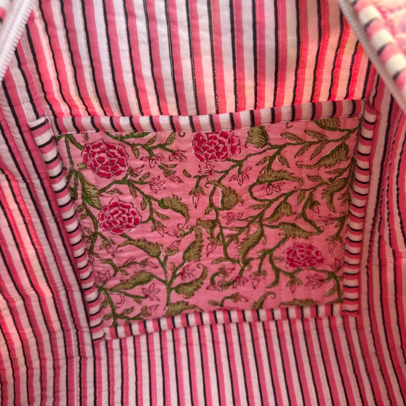 Large rose pink Cotton Quilted Duffle Bags Block Print Gifts Handmade Colorful Travel Night Travel Gym Yoga Luggage Pocket 18X9X9 inches